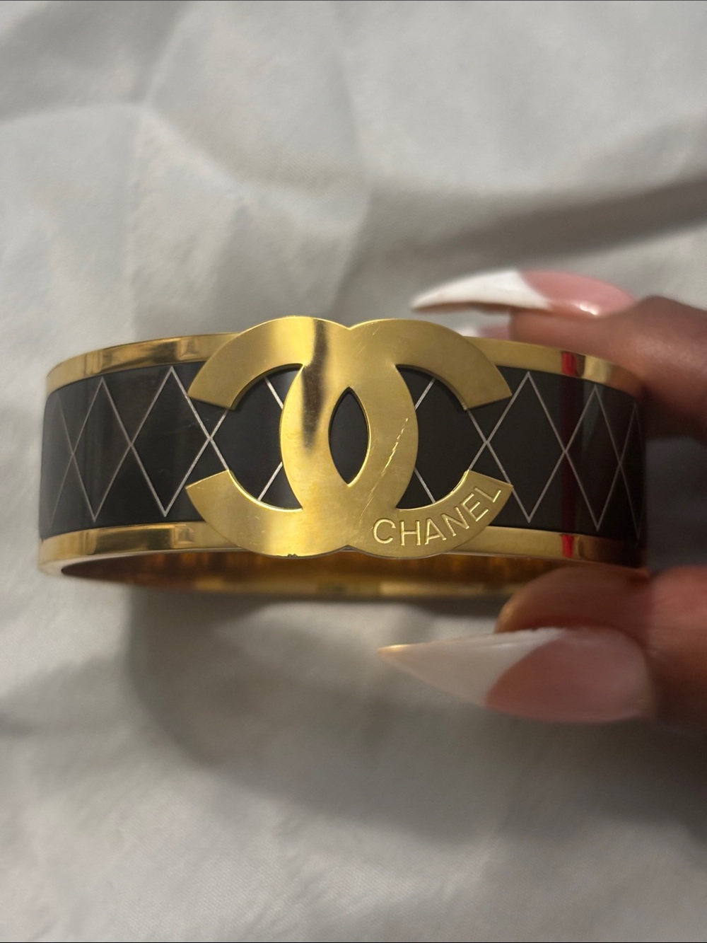 CHANEL Black and Gold CC Logo Enamel Cuff Bracelet